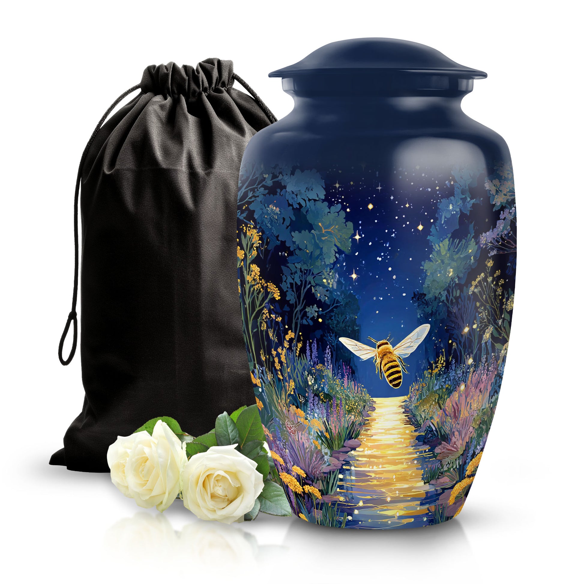 Azure Bee Cremation Urn angled view of lid and engraved motif - timeless bee motif etched into premium metal - full-size 10 inch 200 cubic inch adult cremation urn