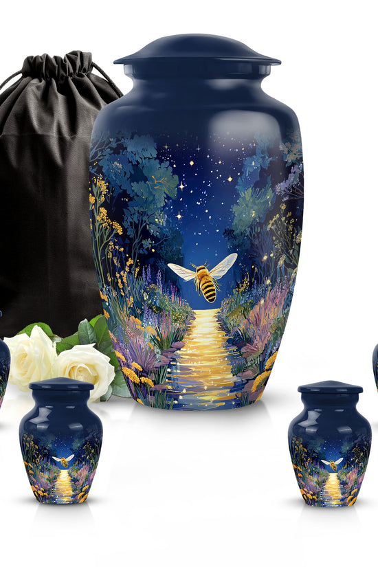 Soft Blue Bee Cremation Urn top-down view of secure threaded lid - traditional bee engraving with hand-polished finish - memorial set with one large and four small urns