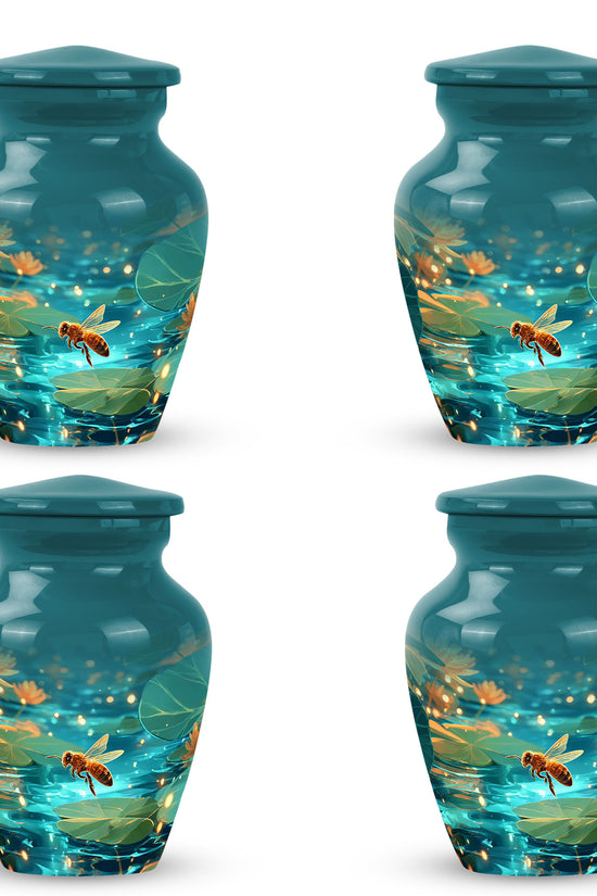 Tropical Teal Bee Cremation Urn side profile showing urn shape - traditional bee engraving with hand-polished finish - 10 inch aluminum urn for cremated remains