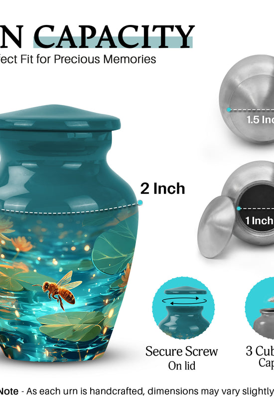 Mystic Teal Bee Cremation Urn close-up of engraving and surface detail - traditional bee engraving with hand-polished finish - mini keepsake memorial for portion of cremation ashes