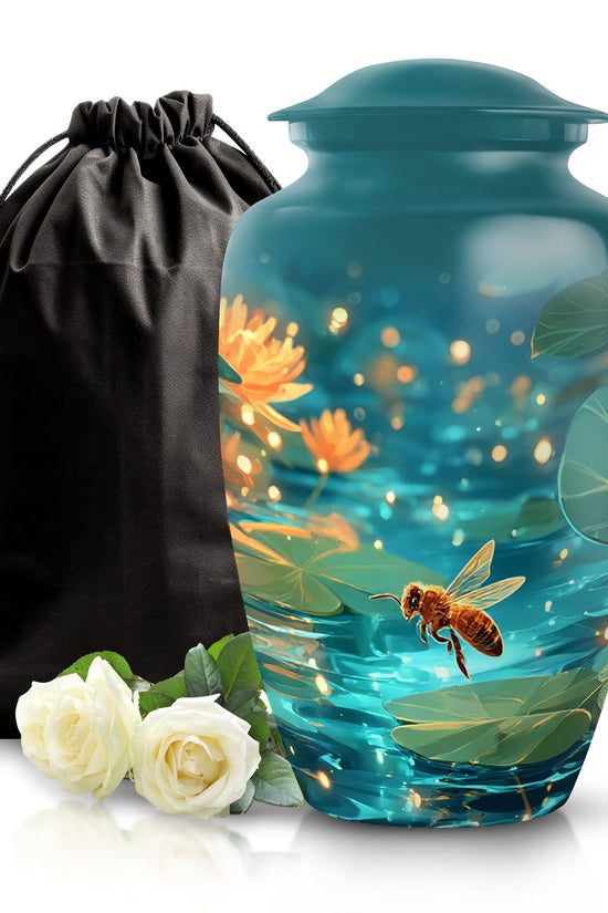 Ocean Teal Bee Cremation Urn angled view of lid and engraved motif - timeless bee motif etched into premium metal - full-size 10 inch 200 cubic inch adult cremation urn