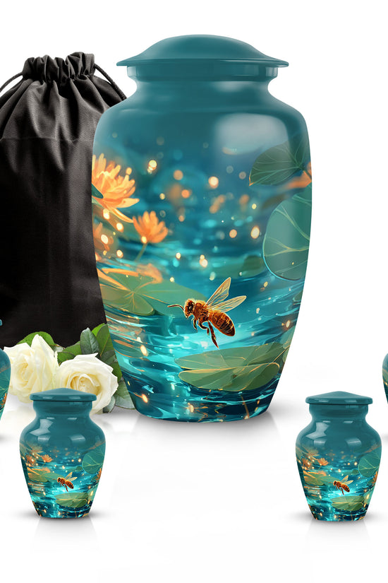 Aqua Teal Bee Cremation Urn top-down view of secure threaded lid - traditional bee engraving with hand-polished finish - memorial set with one large and four small urns