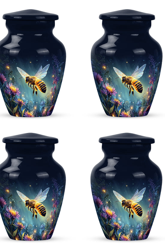 Navy Blue Bee Cremation Urn side profile showing urn shape - classic sculpted bee pattern on smooth aluminum - 10 inch aluminum urn for cremated remains
