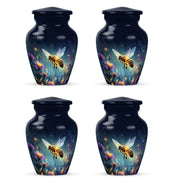 Navy Blue Bee Cremation Urn side profile showing urn shape - classic sculpted bee pattern on smooth aluminum - 10 inch aluminum urn for cremated remains