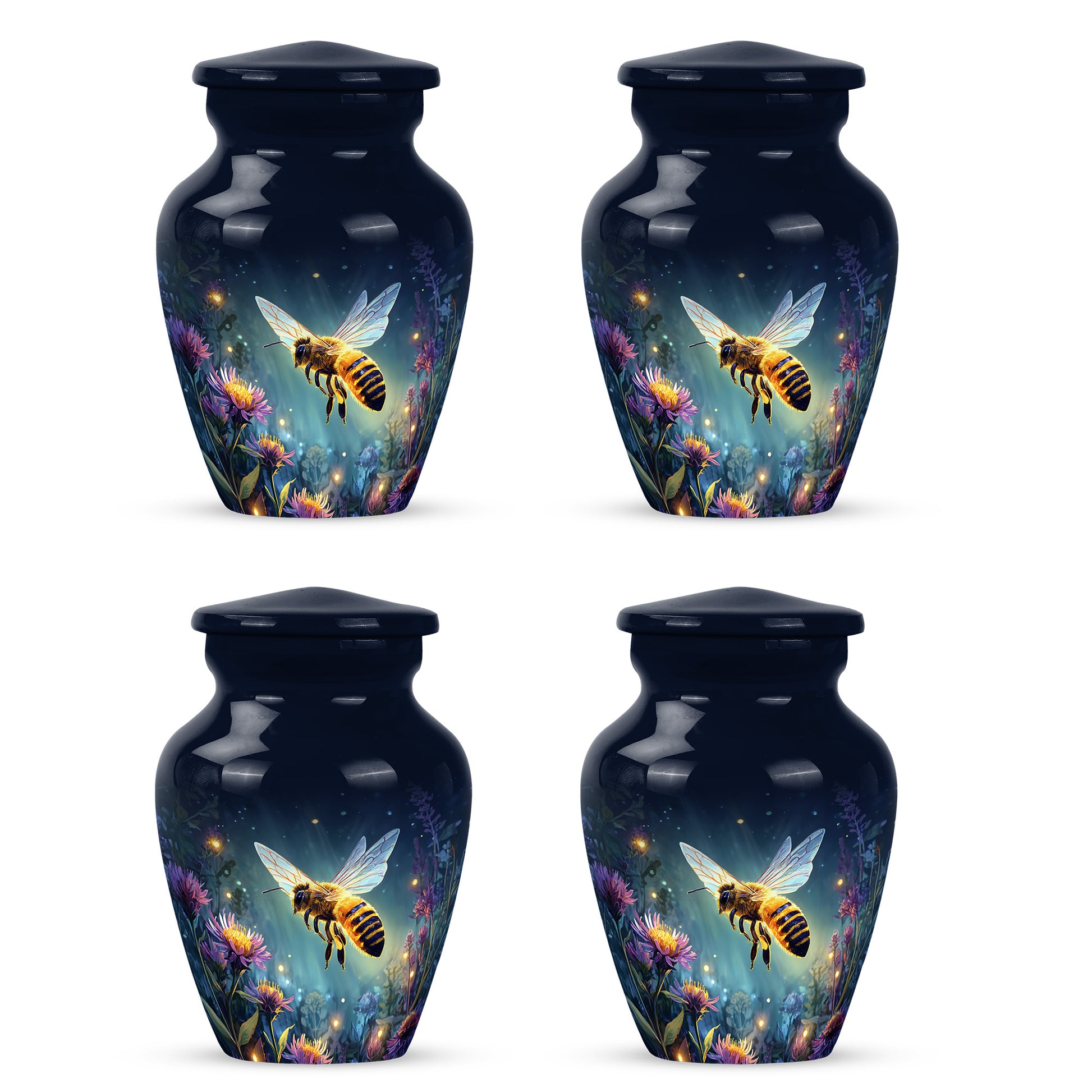Navy Blue Bee Cremation Urn side profile showing urn shape - classic sculpted bee pattern on smooth aluminum - 10 inch aluminum urn for cremated remains