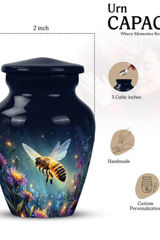 Steel Blue Bee Cremation Urn close-up of engraving and surface detail - elegant classic bee relief with fine detailing - mini keepsake memorial for portion of cremation ashes