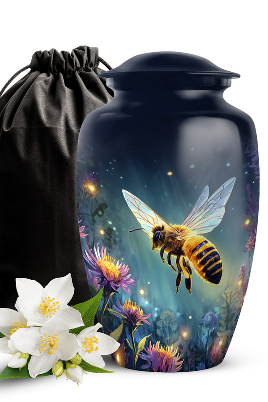Sky Blue Bee Cremation Urn angled view of lid and engraved motif - timeless bee motif etched into premium metal - full-size 10 inch 200 cubic inch adult cremation urn