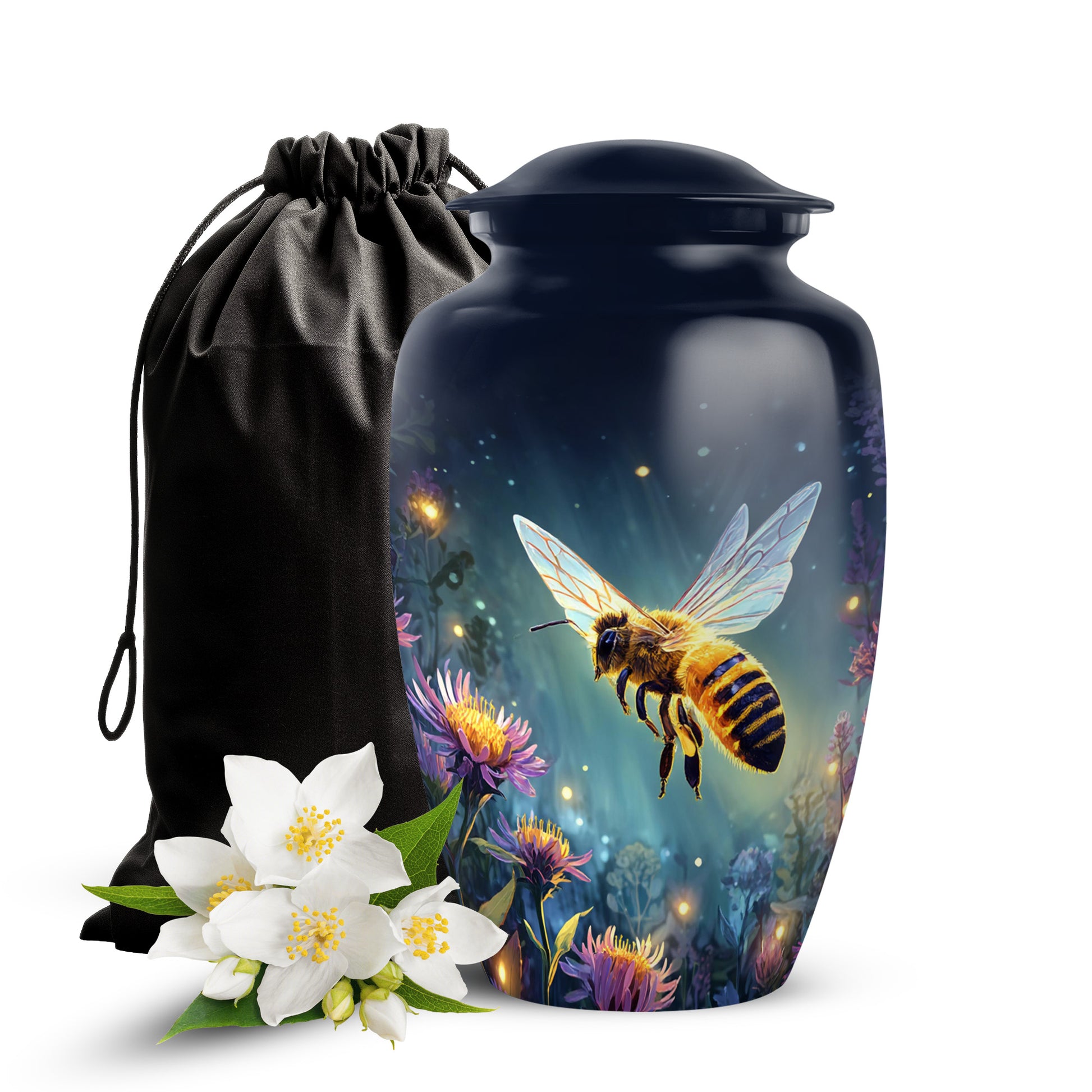 Sky Blue Bee Cremation Urn angled view of lid and engraved motif - timeless bee motif etched into premium metal - full-size 10 inch 200 cubic inch adult cremation urn