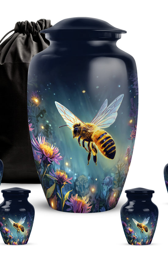 Azure Bee Cremation Urn top-down view of secure threaded lid - timeless bee motif etched into premium metal - memorial set with one large and four small urns
