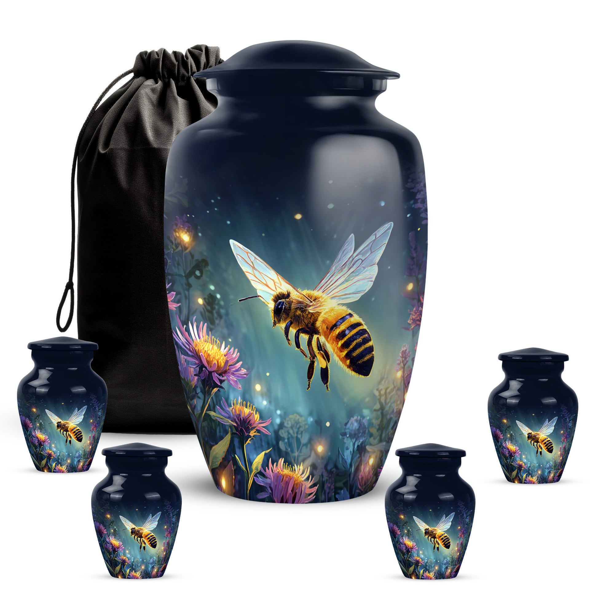Azure Bee Cremation Urn top-down view of secure threaded lid - timeless bee motif etched into premium metal - memorial set with one large and four small urns