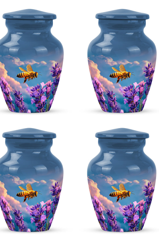 Misty Blue Bee Cremation Urn side profile showing urn shape - classic sculpted bee pattern on smooth aluminum - 10 inch aluminum urn for cremated remains