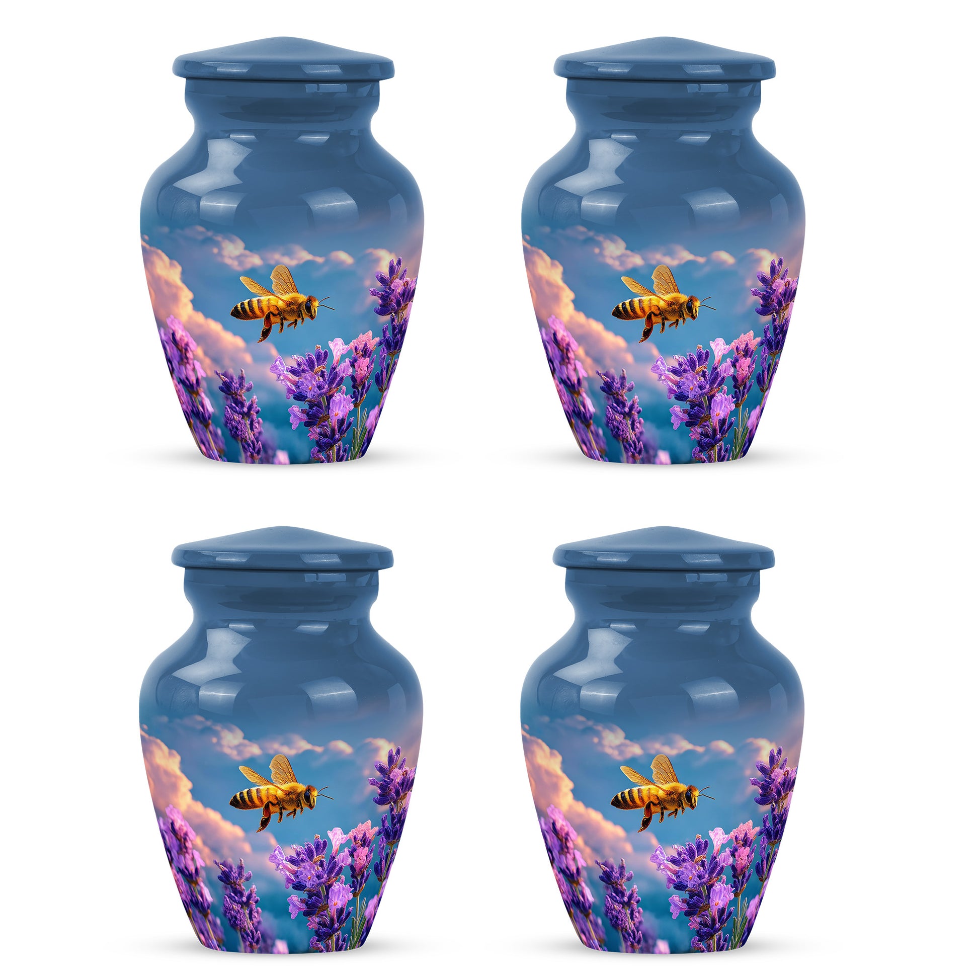 Misty Blue Bee Cremation Urn side profile showing urn shape - classic sculpted bee pattern on smooth aluminum - 10 inch aluminum urn for cremated remains