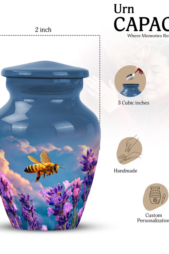 Twilight Blue Bee Cremation Urn close-up of engraving and surface detail - traditional bee engraving with hand-polished finish - mini keepsake memorial for portion of cremation ashes