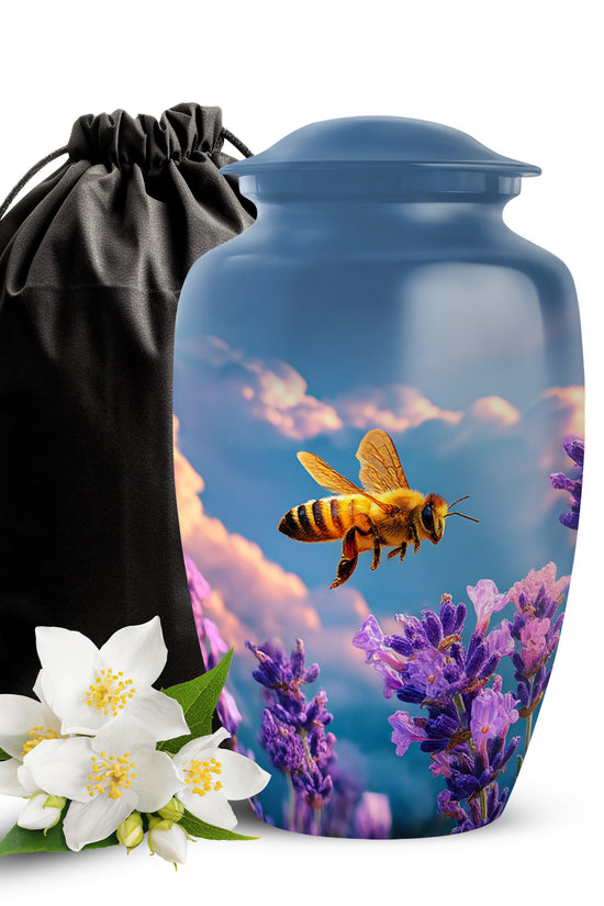 Dusty Blue Bee Cremation Urn angled view of lid and engraved motif - timeless bee motif etched into premium metal - full-size 10 inch 200 cubic inch adult cremation urn