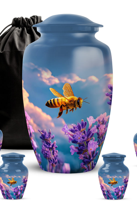 Powder Blue Bee Cremation Urn top-down view of secure threaded lid - classic sculpted bee pattern on smooth aluminum - memorial set with one large and four small urns