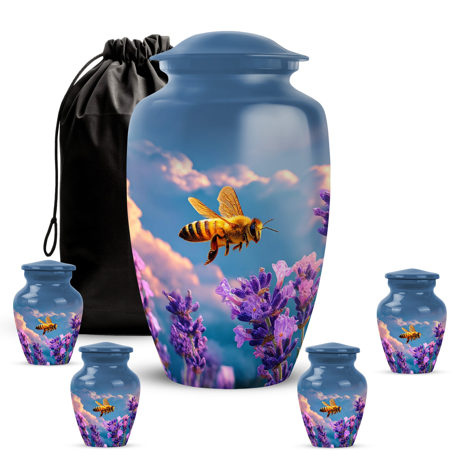 Powder Blue Bee Cremation Urn top-down view of secure threaded lid - classic sculpted bee pattern on smooth aluminum - memorial set with one large and four small urns
