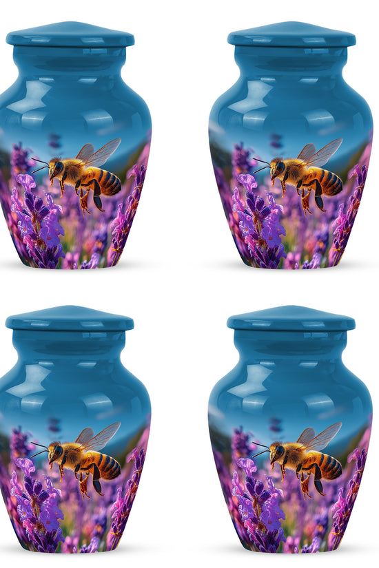Powder Blue Bee Cremation Urn side profile showing urn shape - timeless bee motif etched into premium metal - 10 inch aluminum urn for cremated remains