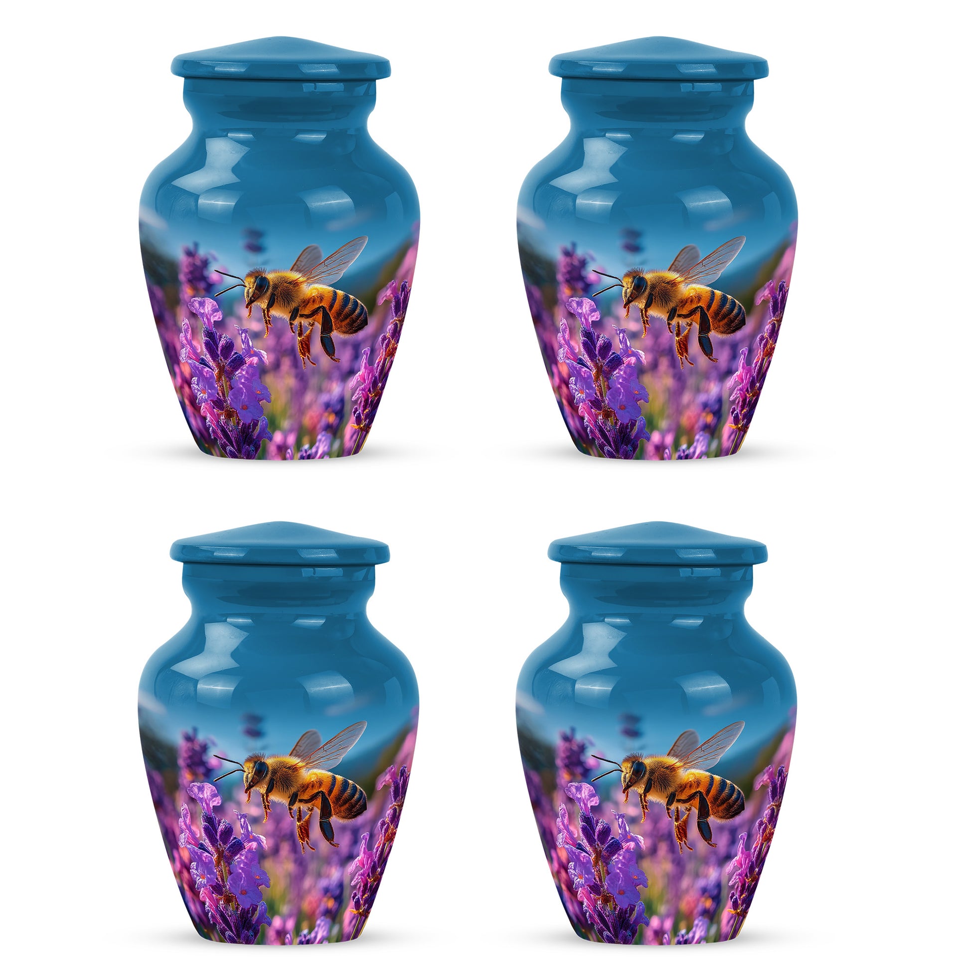 Powder Blue Bee Cremation Urn side profile showing urn shape - timeless bee motif etched into premium metal - 10 inch aluminum urn for cremated remains