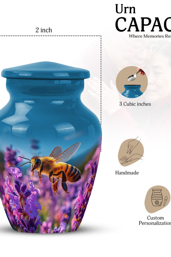 Bright Blue Bee Cremation Urn close-up of engraving and surface detail - elegant classic bee relief with fine detailing - mini keepsake memorial for portion of cremation ashes