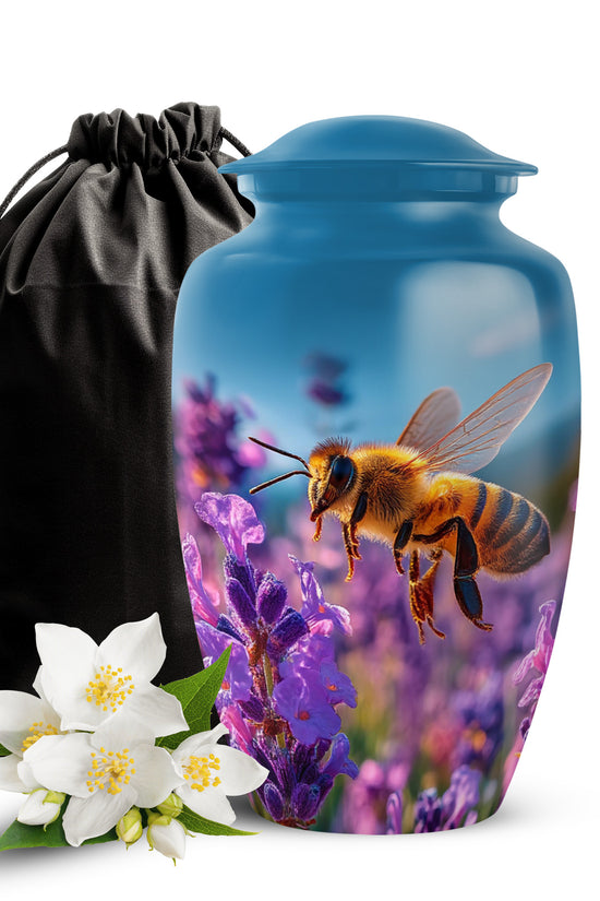 Indigo Bee Cremation Urn angled view of lid and engraved motif - timeless bee motif etched into premium metal - full-size 10 inch 200 cubic inch adult cremation urn