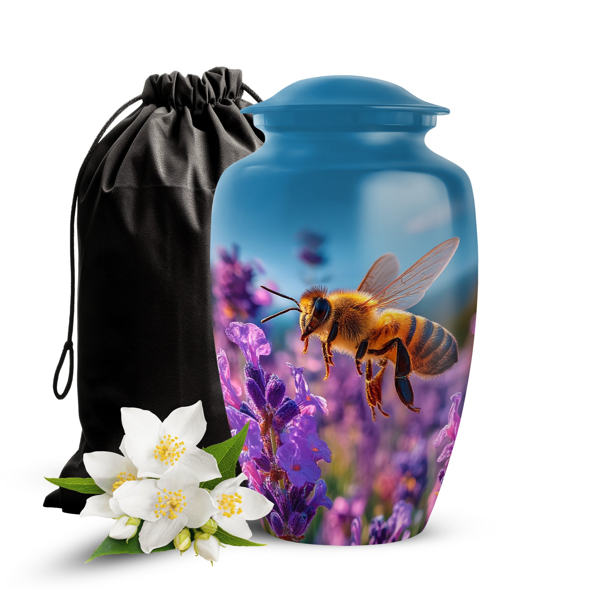 Indigo Bee Cremation Urn angled view of lid and engraved motif - timeless bee motif etched into premium metal - full-size 10 inch 200 cubic inch adult cremation urn