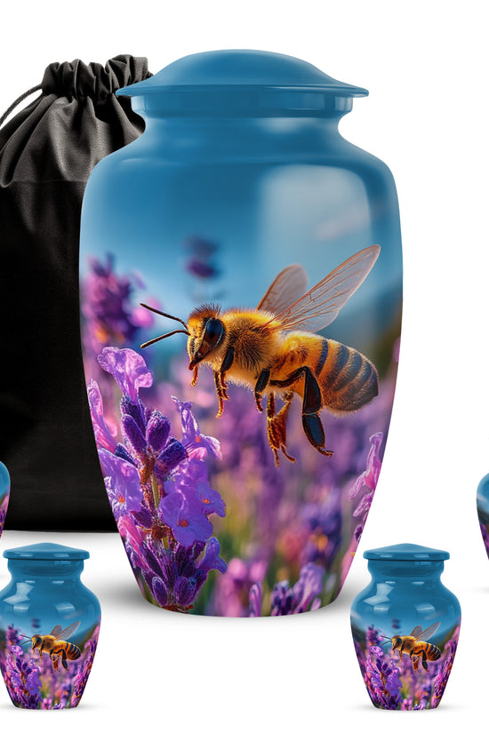 Cornflower Blue Bee Cremation Urn top-down view of secure threaded lid - traditional bee engraving with hand-polished finish - memorial set with one large and four small urns