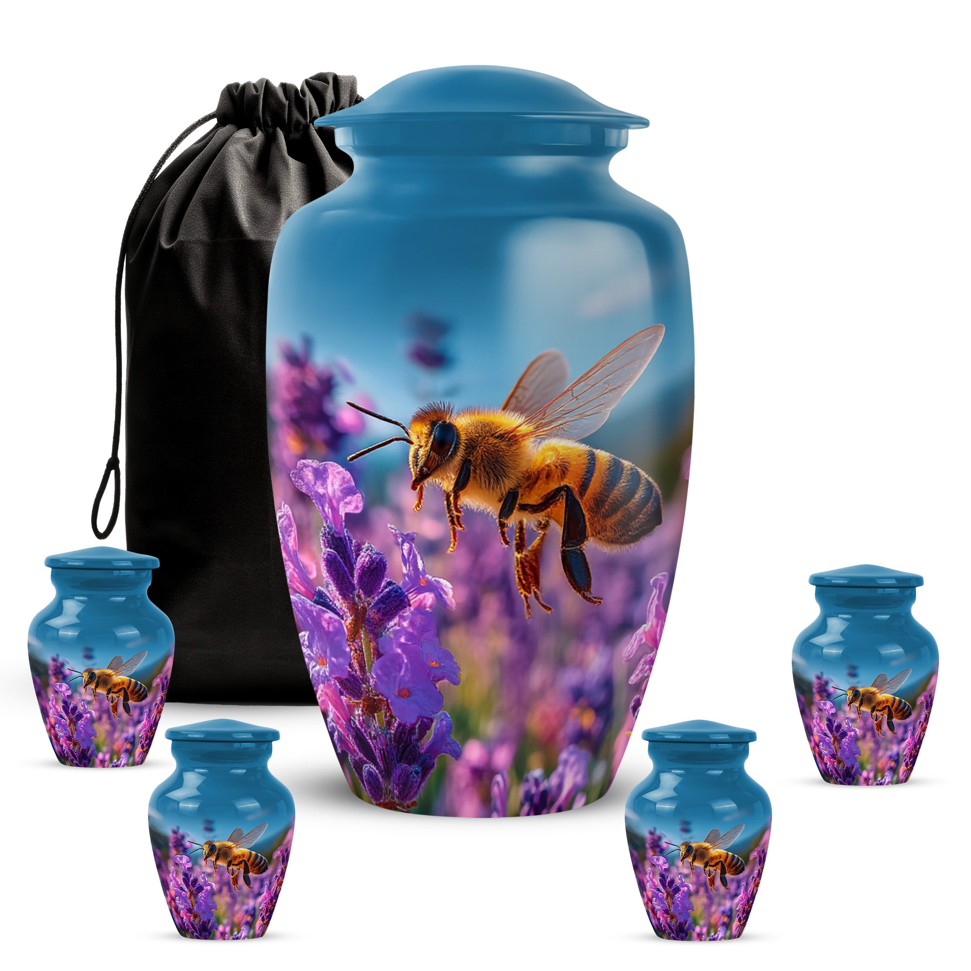 Cornflower Blue Bee Cremation Urn top-down view of secure threaded lid - traditional bee engraving with hand-polished finish - memorial set with one large and four small urns