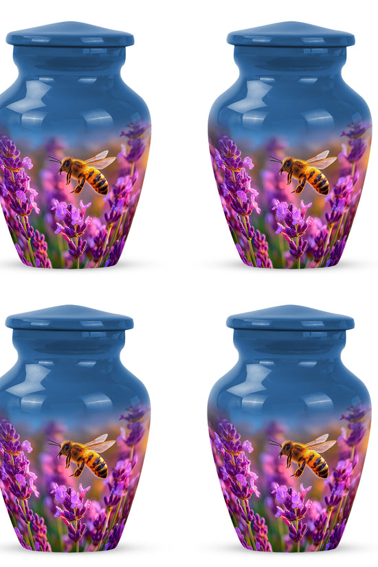Powder Blue Bee Cremation Urn side profile showing urn shape - timeless bee motif etched into premium metal - 10 inch aluminum urn for cremated remains
