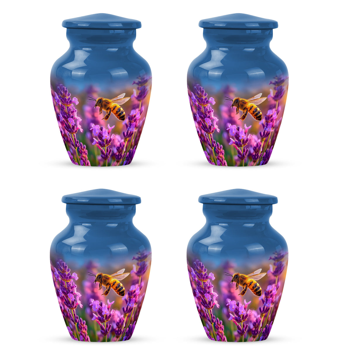 Powder Blue Bee Cremation Urn side profile showing urn shape - timeless bee motif etched into premium metal - 10 inch aluminum urn for cremated remains