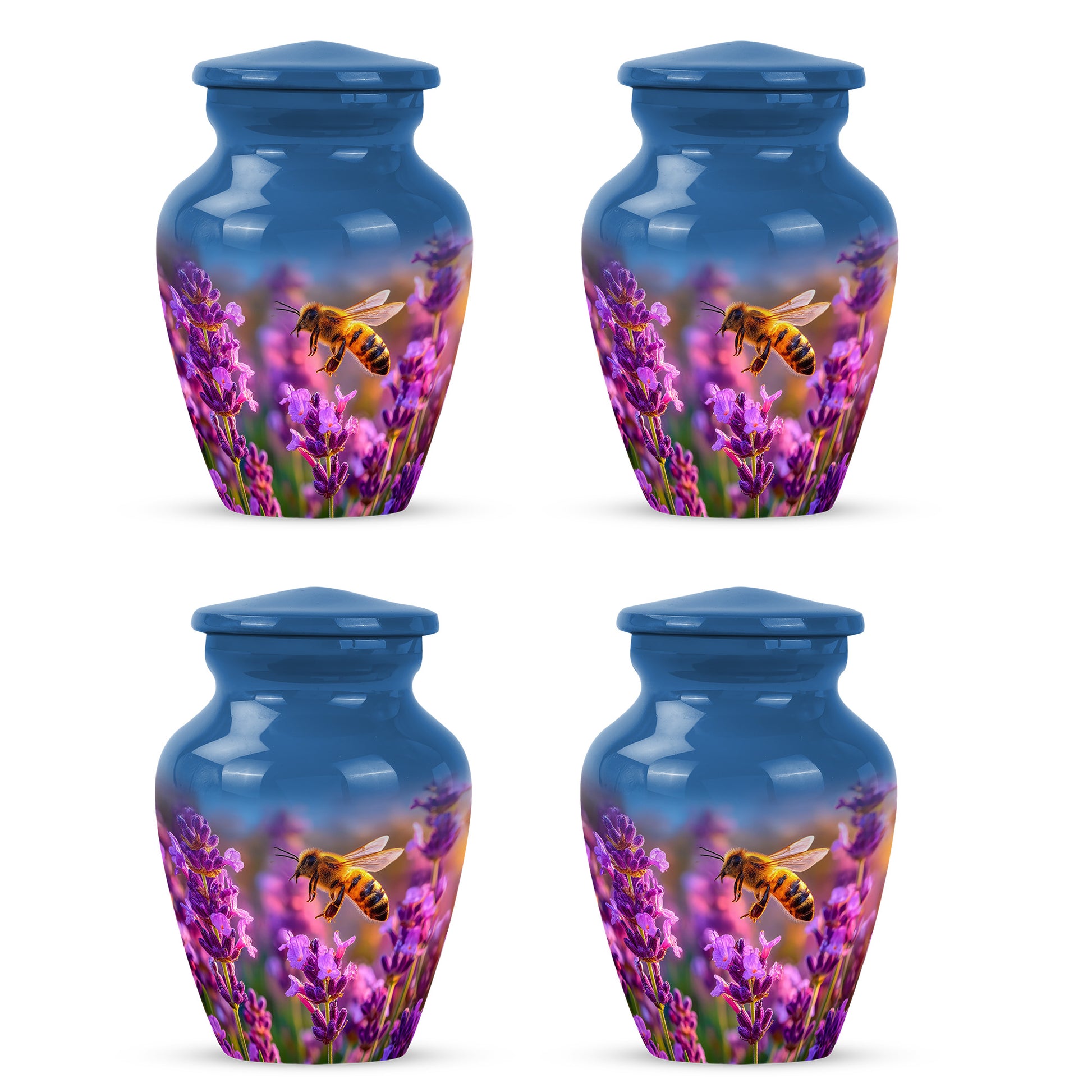 Powder Blue Bee Cremation Urn side profile showing urn shape - timeless bee motif etched into premium metal - 10 inch aluminum urn for cremated remains