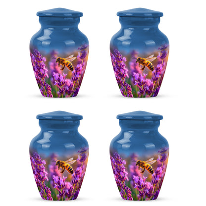 Powder Blue Bee Cremation Urn side profile showing urn shape - timeless bee motif etched into premium metal - 10 inch aluminum urn for cremated remains