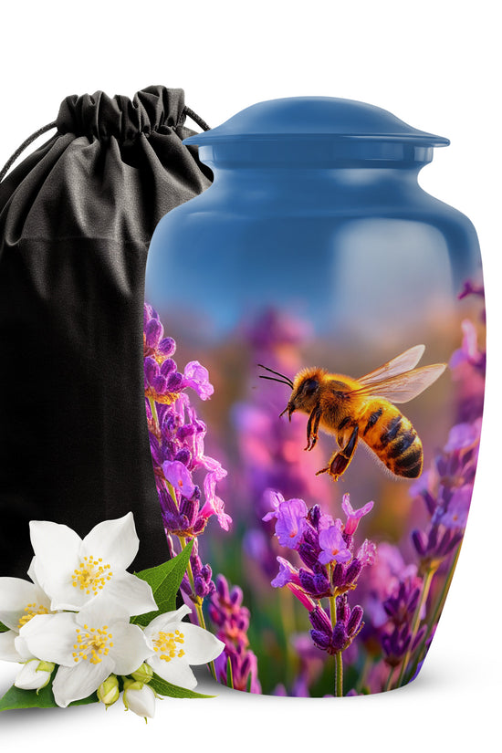 Dusty Blue Bee Cremation Urn angled view of lid and engraved motif - timeless bee motif etched into premium metal - full-size 10 inch 200 cubic inch adult cremation urn