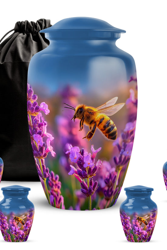Twilight Blue Bee Cremation Urn top-down view of secure threaded lid - elegant classic bee relief with fine detailing - memorial set with one large and four small urns