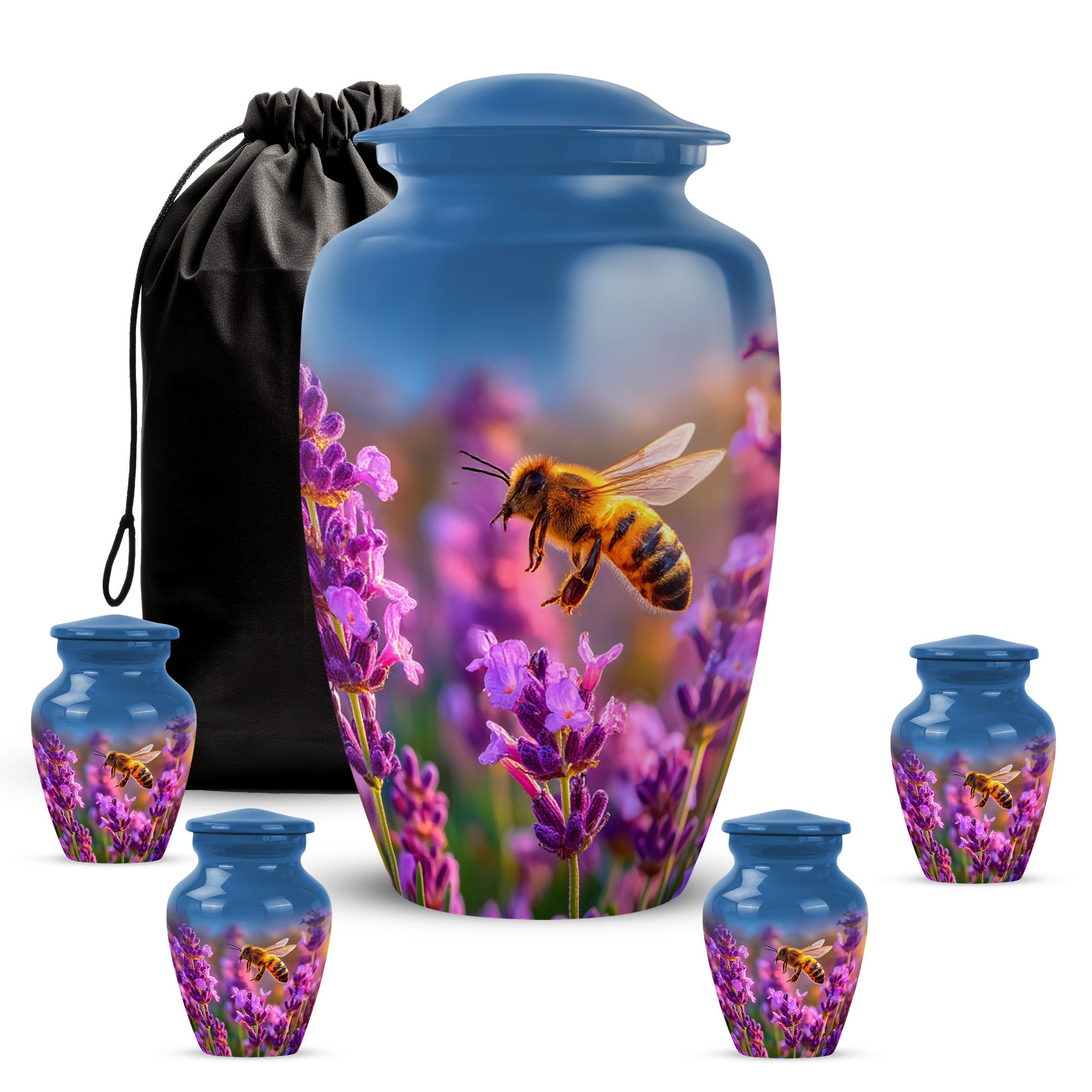 Twilight Blue Bee Cremation Urn top-down view of secure threaded lid - elegant classic bee relief with fine detailing - memorial set with one large and four small urns