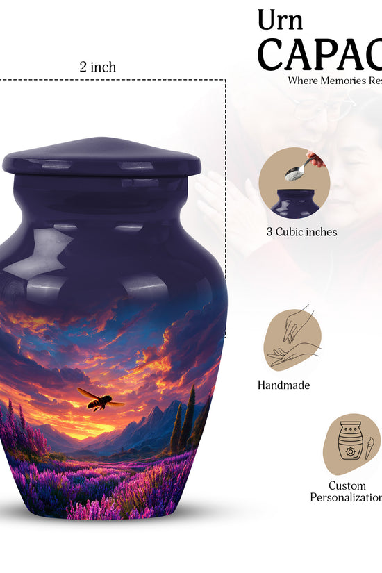 Vivid Blue Bee Cremation Urn close-up of engraving and surface detail - traditional bee engraving with hand-polished finish - mini keepsake memorial for portion of cremation ashes
