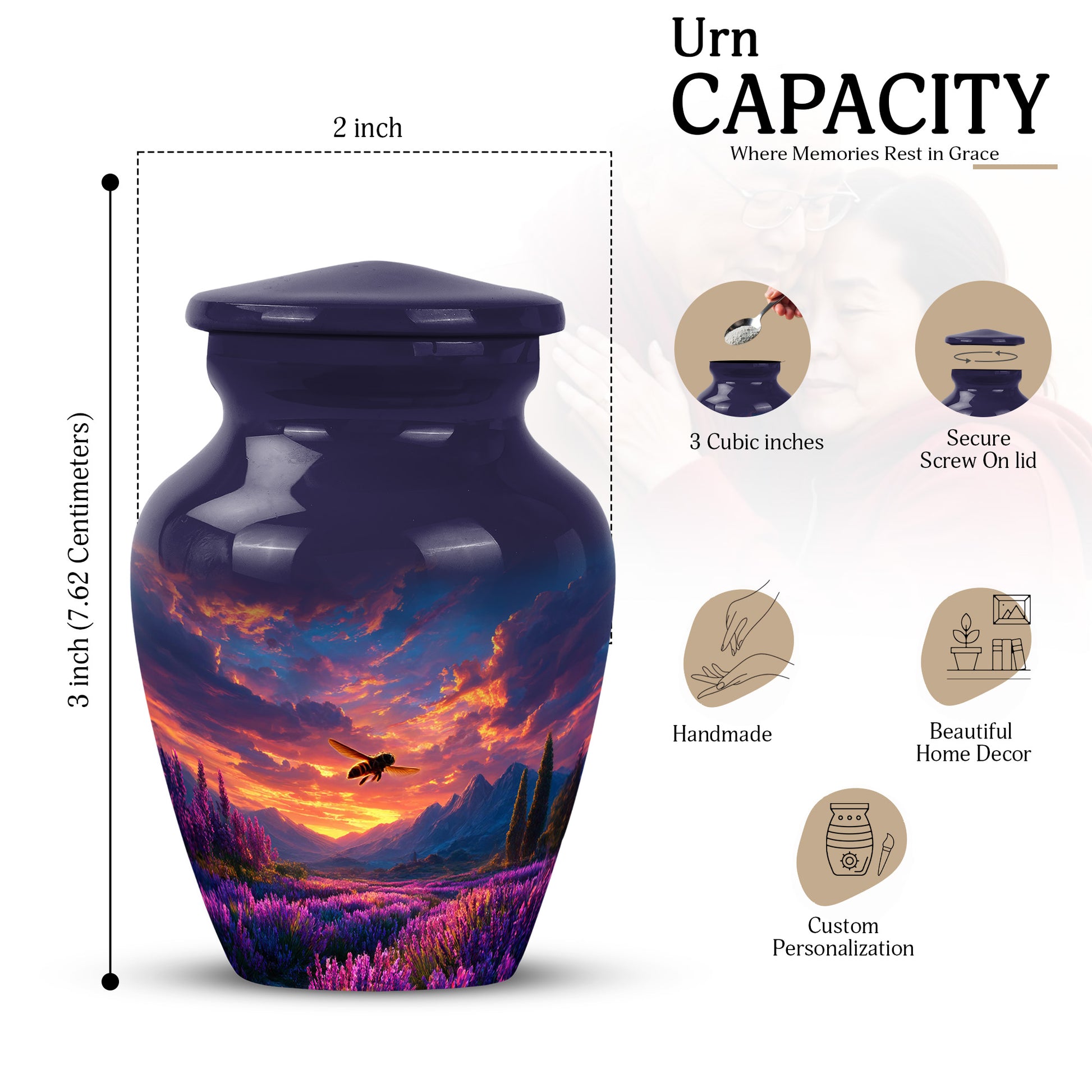Vivid Blue Bee Cremation Urn close-up of engraving and surface detail - traditional bee engraving with hand-polished finish - mini keepsake memorial for portion of cremation ashes