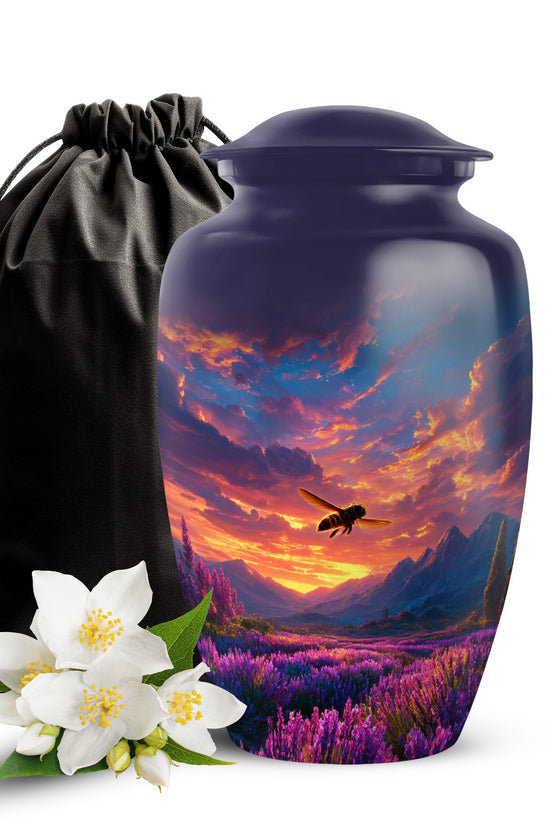 Slate Blue Bee Cremation Urn angled view of lid and engraved motif - classic sculpted bee pattern on smooth aluminum - full-size 10 inch 200 cubic inch adult cremation urn