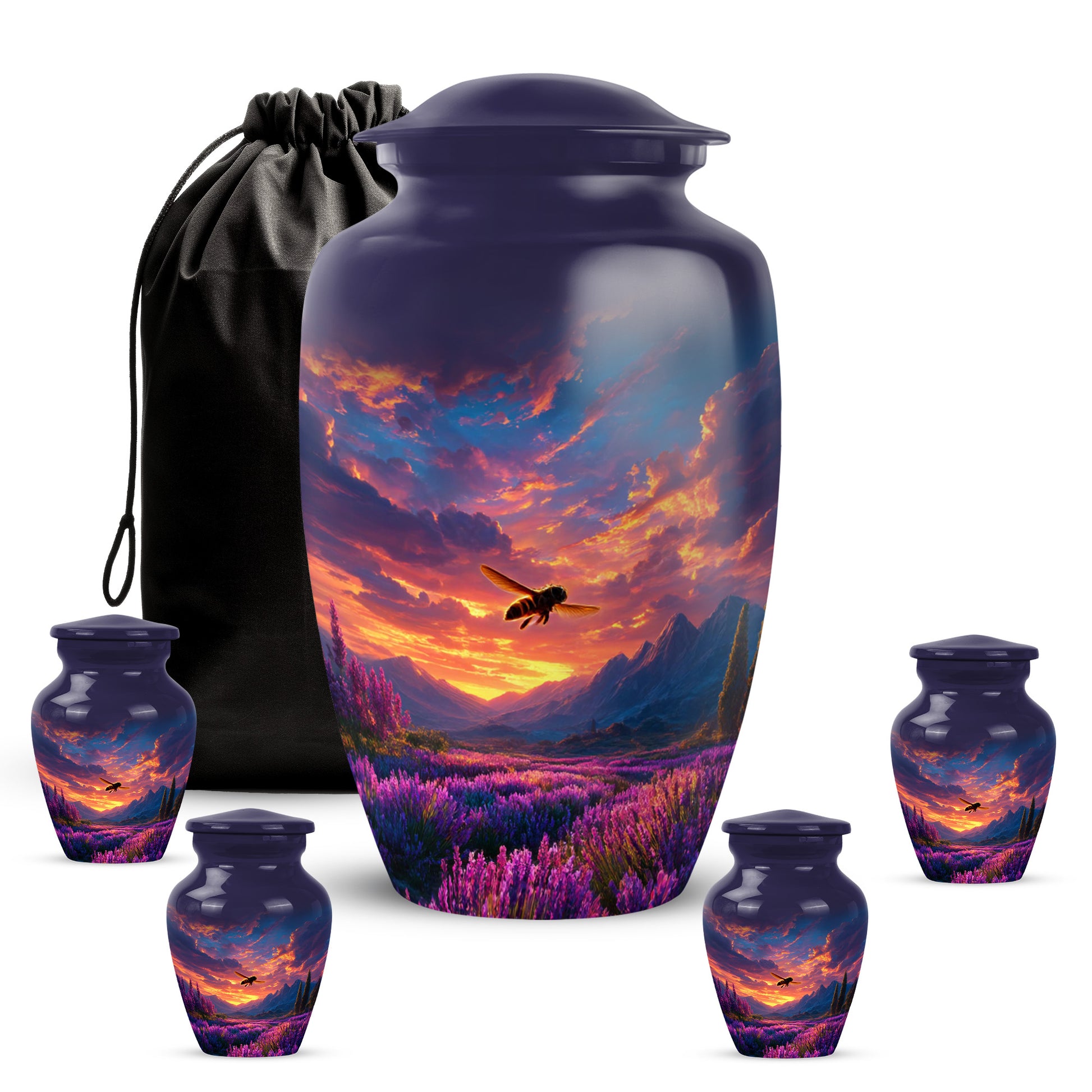 Soft Blue Bee Cremation Urn top-down view of secure threaded lid - elegant classic bee relief with fine detailing - memorial set with one large and four small urns