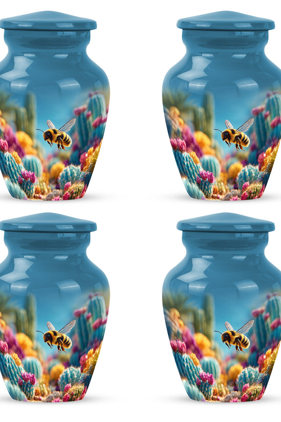 Pastel Blue Bee Cremation Urn side profile showing urn shape - timeless bee motif etched into premium metal - 10 inch aluminum urn for cremated remains