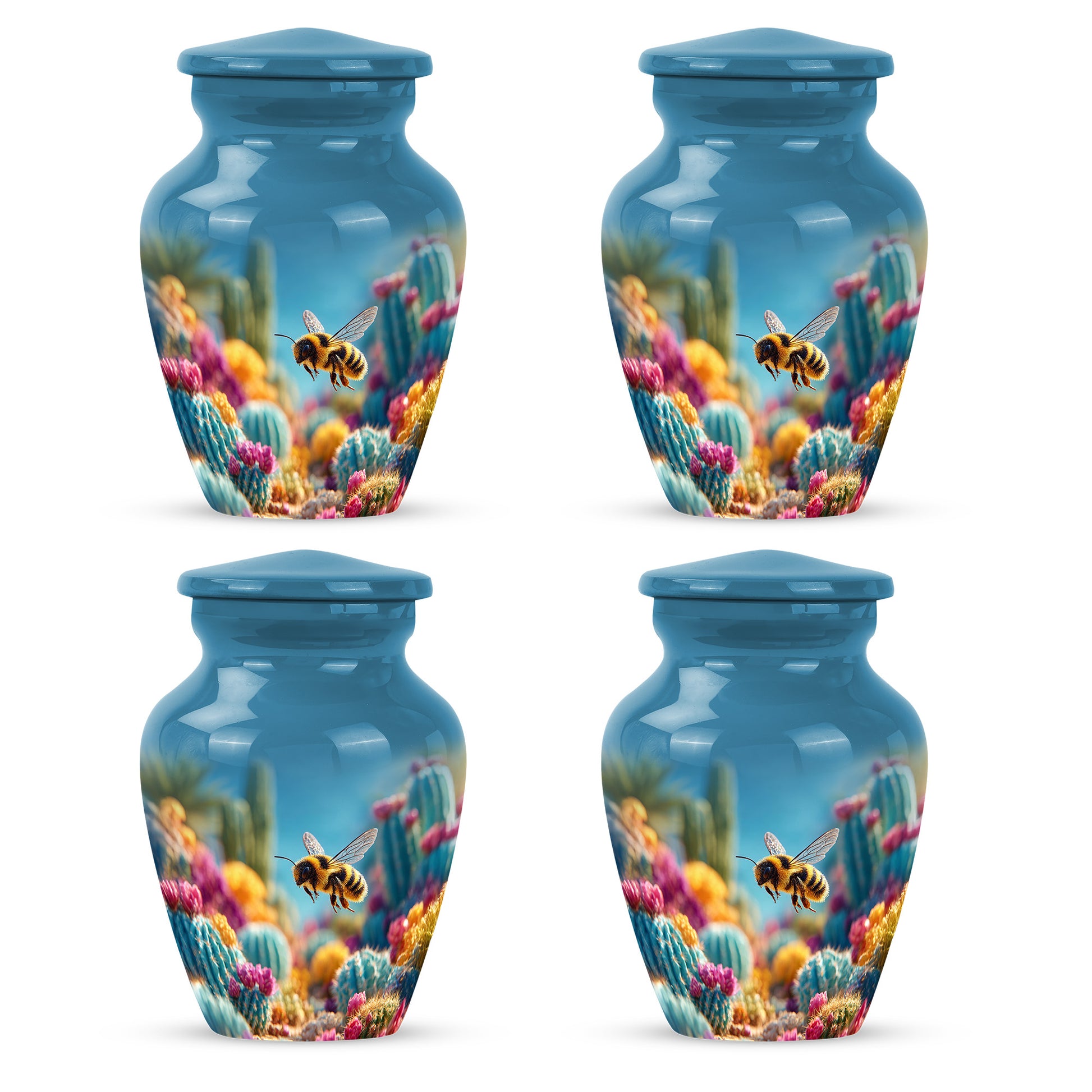 Pastel Blue Bee Cremation Urn side profile showing urn shape - timeless bee motif etched into premium metal - 10 inch aluminum urn for cremated remains