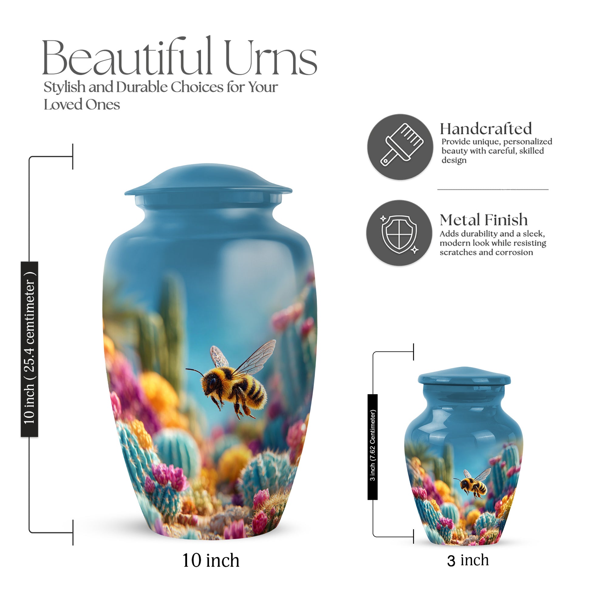 Twilight Blue Bee Cremation Urn close-up of engraving and surface detail - traditional bee engraving with hand-polished finish - mini keepsake memorial for portion of cremation ashes