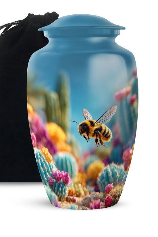 Calming Blue Bee Cremation Urn angled view of lid and engraved motif - traditional bee engraving with hand-polished finish - full-size 10 inch 200 cubic inch adult cremation urn