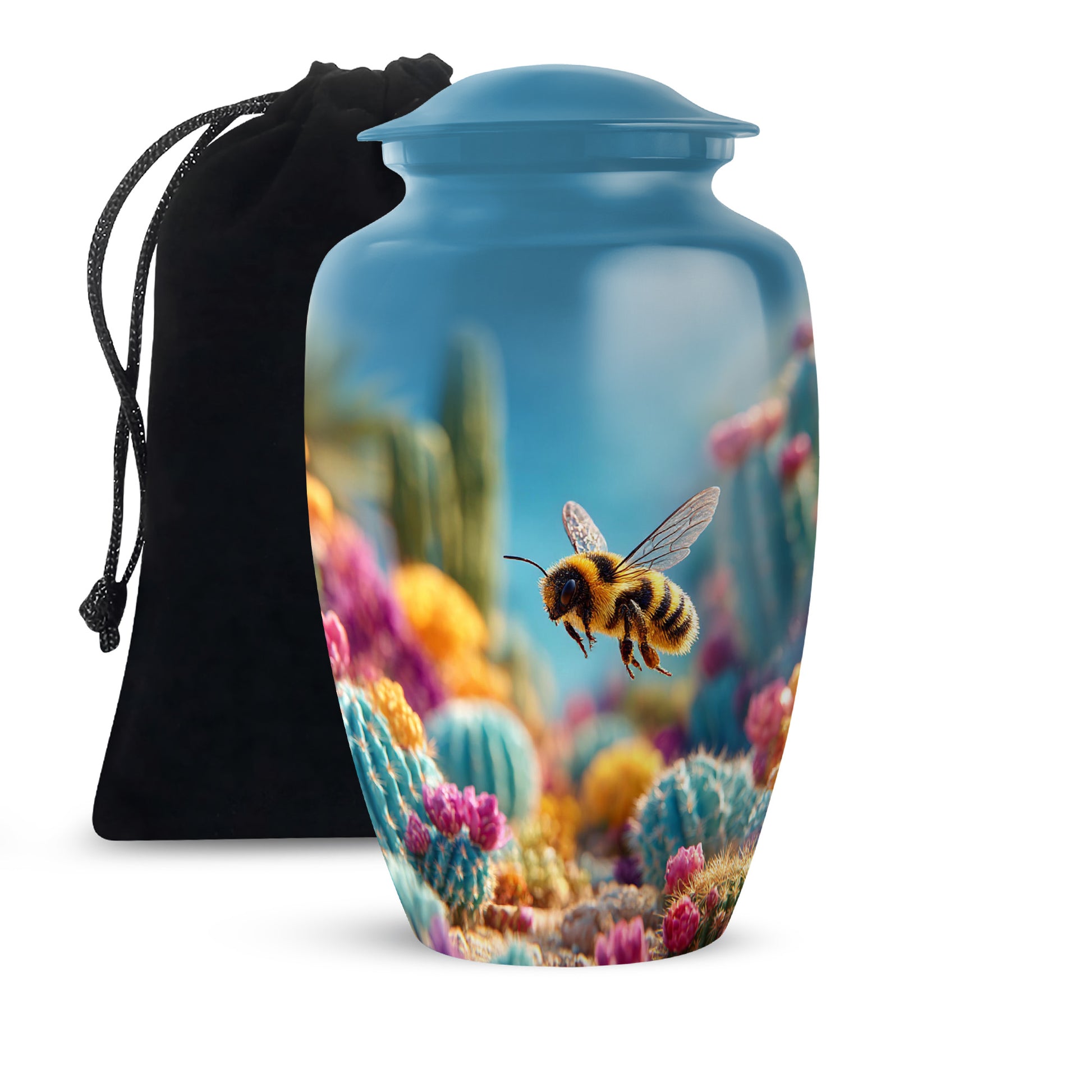 Calming Blue Bee Cremation Urn angled view of lid and engraved motif - traditional bee engraving with hand-polished finish - full-size 10 inch 200 cubic inch adult cremation urn