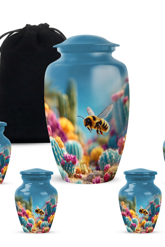 Sapphire Blue Bee Cremation Urn top-down view of secure threaded lid - traditional bee engraving with hand-polished finish - memorial set with one large and four small urns