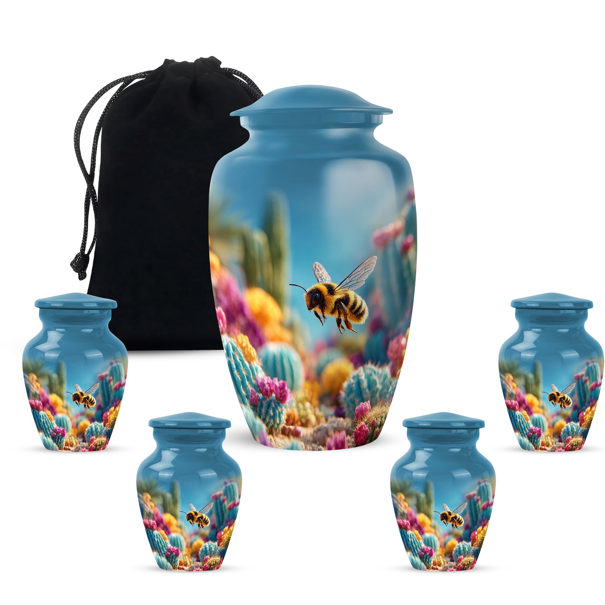 Sapphire Blue Bee Cremation Urn top-down view of secure threaded lid - traditional bee engraving with hand-polished finish - memorial set with one large and four small urns