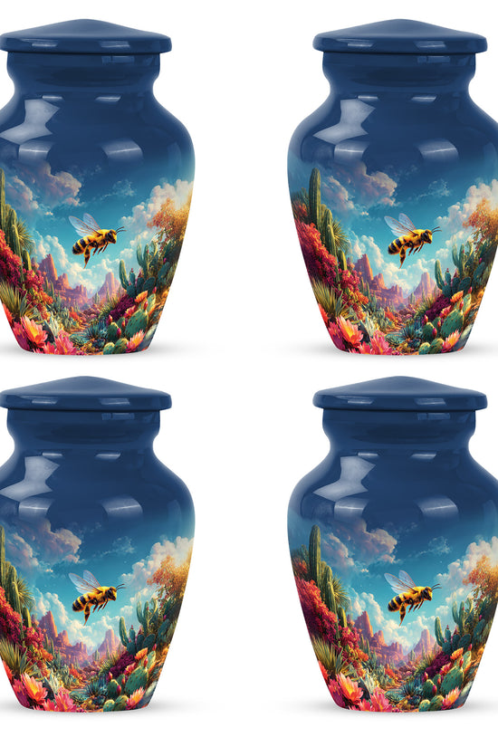 Misty Blue Bee Cremation Urn side profile showing urn shape - timeless bee motif etched into premium metal - 10 inch aluminum urn for cremated remains