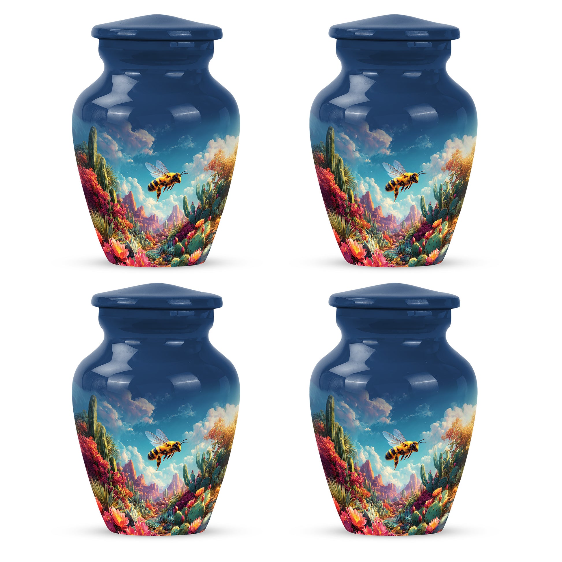 Misty Blue Bee Cremation Urn side profile showing urn shape - timeless bee motif etched into premium metal - 10 inch aluminum urn for cremated remains