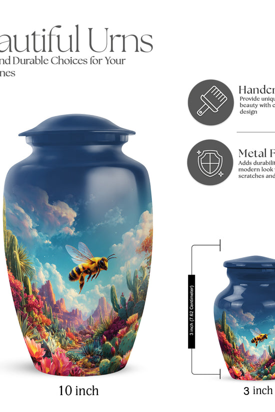 Vivid Blue Bee Cremation Urn close-up of engraving and surface detail - traditional bee engraving with hand-polished finish - mini keepsake memorial for portion of cremation ashes