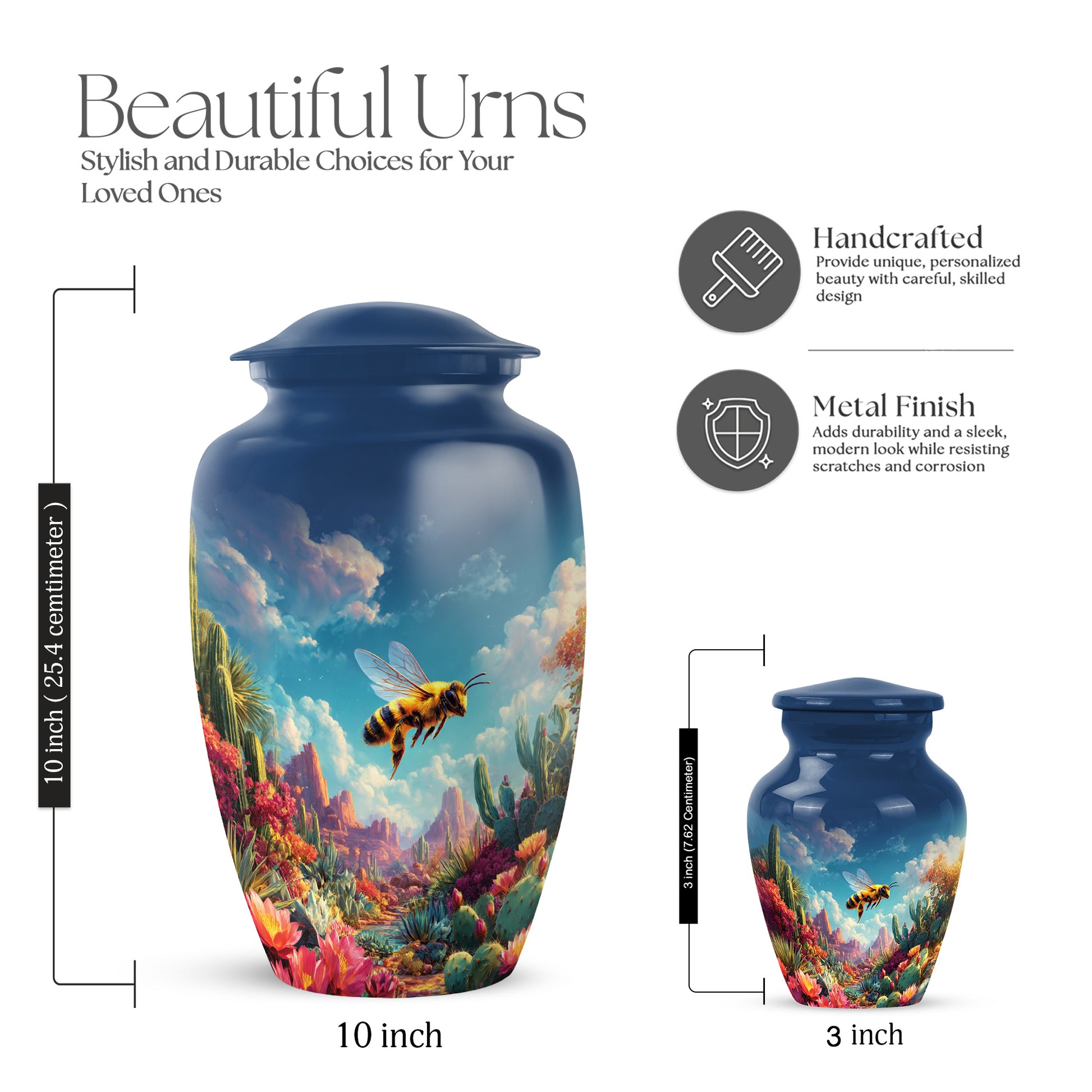 Vivid Blue Bee Cremation Urn close-up of engraving and surface detail - traditional bee engraving with hand-polished finish - mini keepsake memorial for portion of cremation ashes