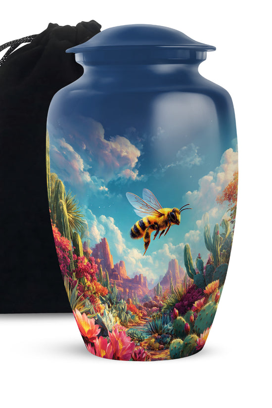 Vivid Blue Bee Cremation Urn angled view of lid and engraved motif - traditional bee engraving with hand-polished finish - full-size 10 inch 200 cubic inch adult cremation urn